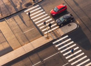 aerial view of pedestrians in a crosswalk